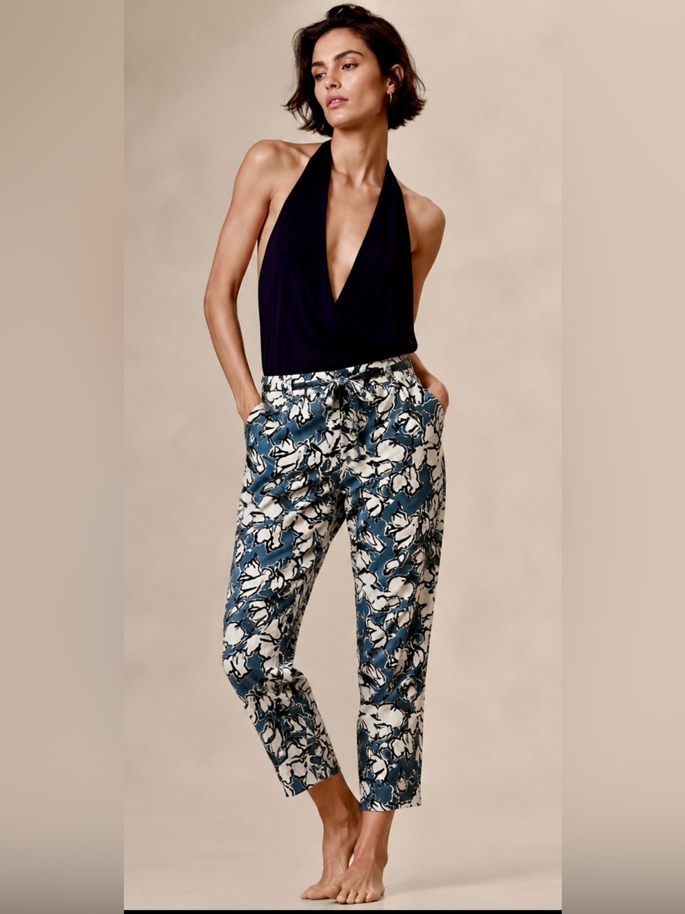 Banana Republic Floral Print Tie Waist Crop Pants Petite 2P Blue White chic